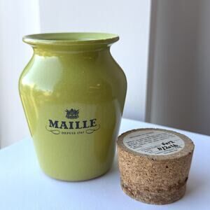 Vintage Maille Mustard French Crock Jar Pot France Green w/Cork Lid Stoneware